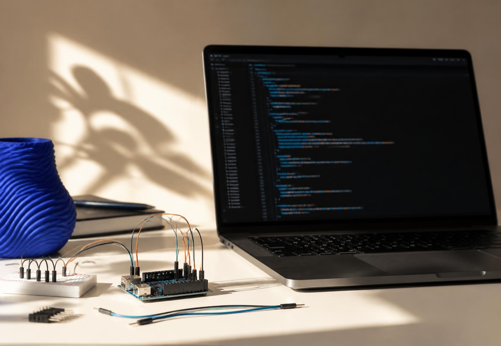 Laptop with code beside a microcontroller and jumper wires